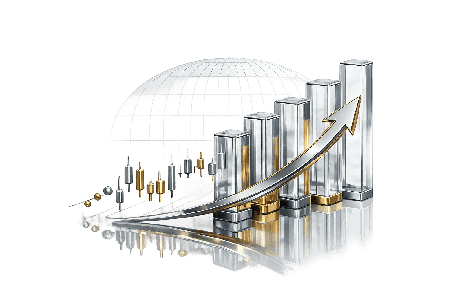 Illustration of financial growth with rising market bars, investment chart and upward trend arrow.
